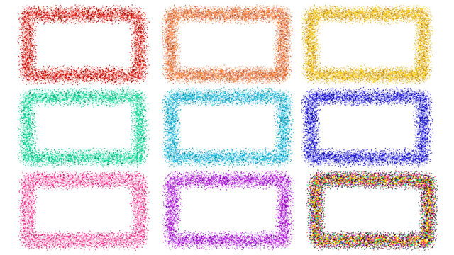 Sprayed particles frames. Colorful isolated multicolored rectangle banners. Design element for cards, labels, tags. Set of vector graphic dotted cards.