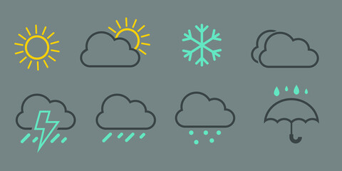 Weather icons set isolated on a grey background. Clouds logo and sign collection. Black, blue and yellow colors. Simple modern design. Flat style vector illustration.