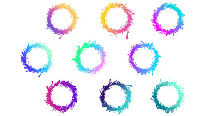Splatter gradient frames. Colorful isolated multicolored round banners. Design templates for cards, labels, tags. Set of vector graphic splash cards.