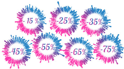 Vector set of vibrant gradient splatter sale icons 15%, 25%, 35%, 45%, 55%, 65%, 75% off. Discount blots tags, colorful special offer labels. Isolated splash signs for design template.