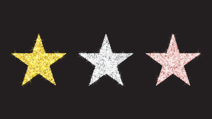 Set of 3 glitter stars. Gold, rose gold, silver high resolution star shapes. Shining design elements isolated on a black background. Vector illustration.