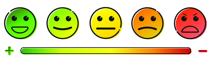Vector feedback survey template. Ten scale of colorful emotion smiles from angry to happy with color slider on white background. Emoticons element of UI design for client service rating.
