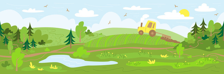 Agriculture. The tractor plows the land. Rural landscape with hills, forest, field and pond. Hand drawn illustration