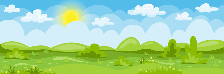 Cartoon landscape. Summer background with cloudy blue skies, green hills, grass, trees and flowers. Vector illustration
