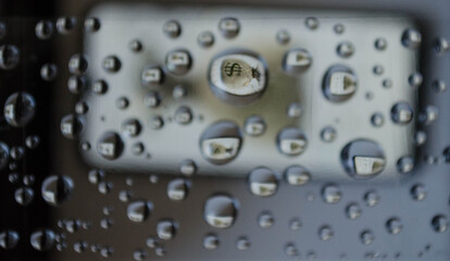 
Water drops on glass, bottom of the phone with a picture of a bag with dollars, reflected in drops