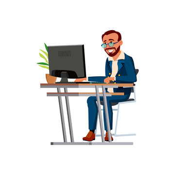 happiness man manager has face time with partner on computer cartoon vector. happiness man manager has face time with partner on computer character. isolated flat cartoon illustration