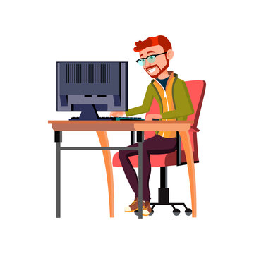 youth man searching work on computer cartoon vector. youth man searching work on computer character. isolated flat cartoon illustration