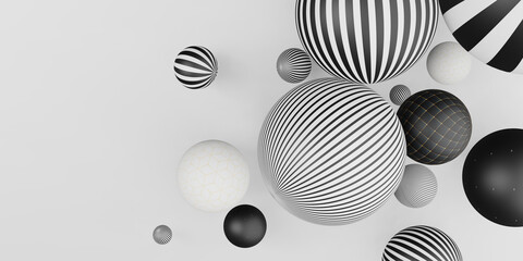 many decorative balls Horizontal stripes black and white 3D illustration