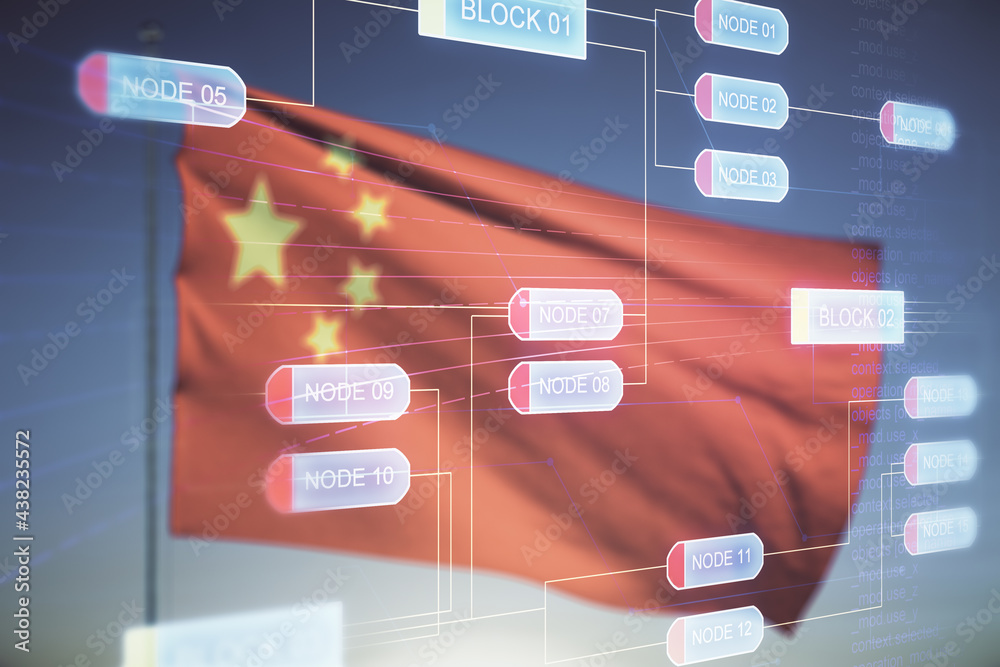 Poster multi exposure of abstract graphic coding sketch on chinese flag and sunset sky background, big data