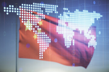 Multi exposure of abstract creative digital world map hologram on Chinese flag and blue sky background, research and analytics concept