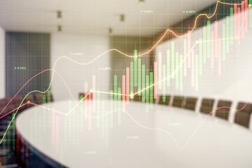 Multi exposure of virtual abstract financial diagram on a modern furnished office interior background, banking and accounting concept