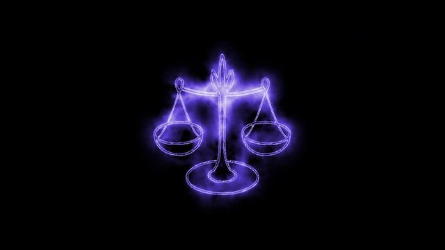 The libra zodiac symbol animation, horoscope sign lighting effect purple neon glow. Royalty high-quality free stock of libra isolated on black background. Horoscope, astrology icons motion