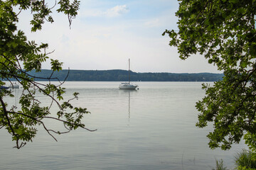 A sailboat swimming amidst Ammersee in Bavaria on calm water in fair weather, trees framing the foreground