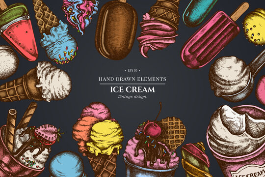 Design on dark background with ice cream bowls, ice cream bucket, popsicle ice cream, ice cream cones, ice cream scoop, ice cream balls