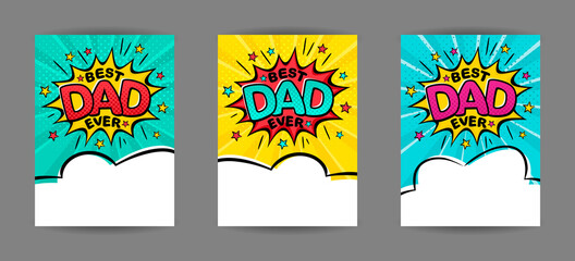 Best Dad Ever. Comic banner in pop art style. Cartoon text frame on a ray background. Comic Template for web design, banners, cards, coupons and posters. Vector illustration for Father's Day.