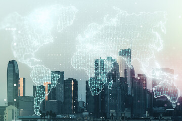 Multi exposure of abstract graphic world map on Los Angeles cityscape background, big data and networking concept