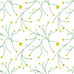 yellow flowers on green stem seamless pattern hand-drawn digital illustration
