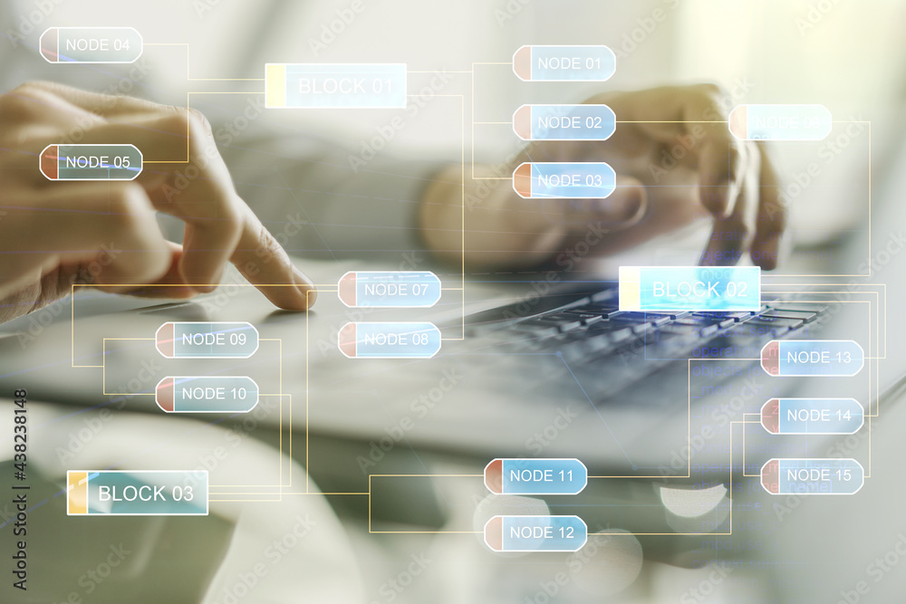 Poster double exposure of abstract programming language hologram with hands typing on laptop on background,