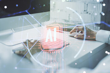 Double exposure of creative artificial Intelligence abbreviation with hand typing on computer keyboard on background. Future technology and AI concept