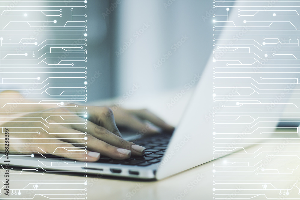 Poster creative abstract micro chip hologram and hands typing on computer keyboard on background, artificia