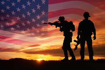 Silhouette of a soldiers against the sunrise and flag USA. Concept - protection, patriotism, honor.