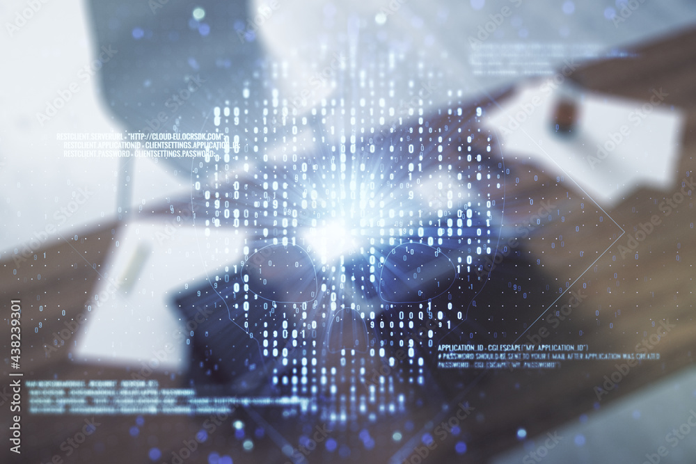 Leinwandbilder creative code skull hologram and modern desktop with pc on background, cybercrime and hacking concep