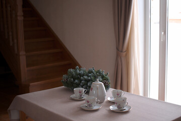 Christmas decor, cozy home, morning table setting