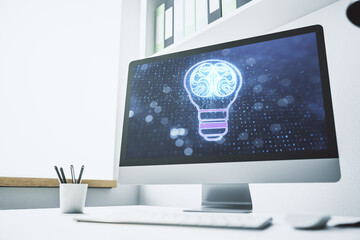 Creative light bulb with human brain hologram on modern laptop monitor, artificial Intelligence and neural networks concept. 3D Rendering