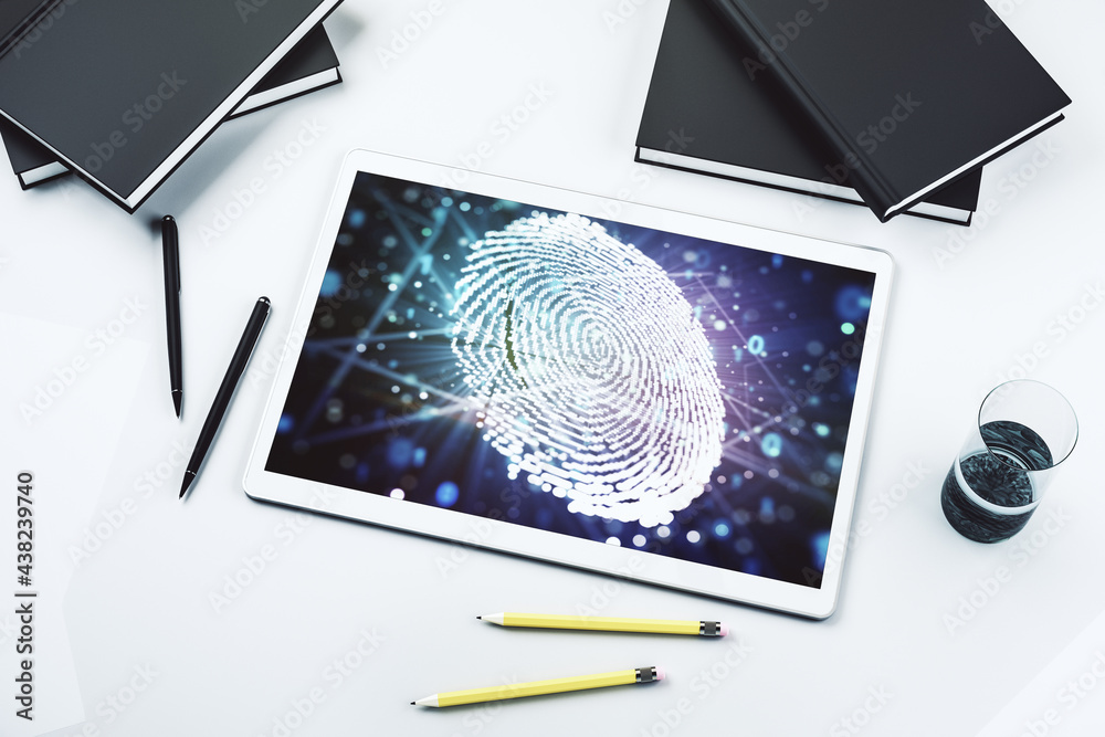 Poster Abstract creative fingerprint illustration on modern digital tablet monitor, digital access concept. Top view. 3D Rendering