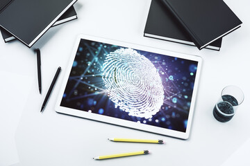 Abstract creative fingerprint illustration on modern digital tablet monitor, digital access concept. Top view. 3D Rendering