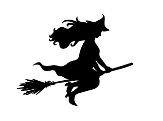 Silhouette of witch flying on her broom. Vector illustration
