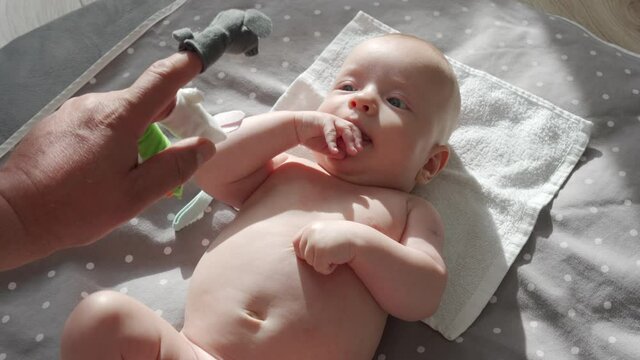 Father and his baby boy playing with finger puppet toys, three month old baby looking at father hand with finger puppets. High quality 4k footage