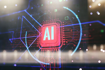 Double exposure of creative artificial Intelligence abbreviation hologram on contemporary business...