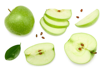 green apple with slices isolated on a white background. top view. clipping path