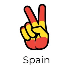 Spain flag in the form of a peace sign. Gesture V victory sign, patriotic sign, icon for apps, websites, T-shirts, souvenirs, etc., isolated on white background