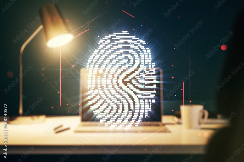 Poster Multi exposure of abstract fingerprint scan interface on computer background, digital access concept