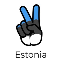 Estonia flag in the form of a peace sign. Gesture V victory sign, patriotic sign, icon for apps, websites, T-shirts, souvenirs, etc., isolated on white background