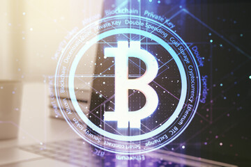 Creative Bitcoin concept with modern computer background. Double exposure