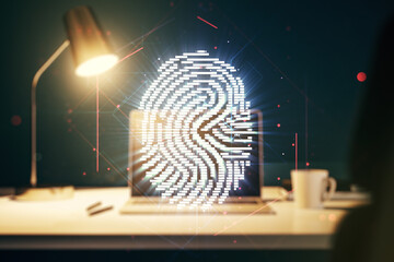 Multi exposure of abstract fingerprint scan interface on computer background, digital access concept