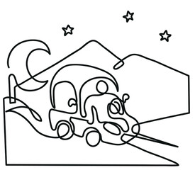 One line drawing of man in car at night.
One continuous line drawing of car along empty road at night with car headlights on with glare.