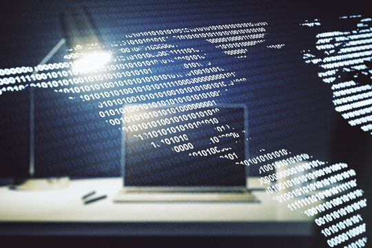 Double exposure of graphic America map on computer background, big data and digital technology concept - Powered by Adobe