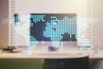Multi exposure of abstract creative digital world map on laptop background, research and analytics concept