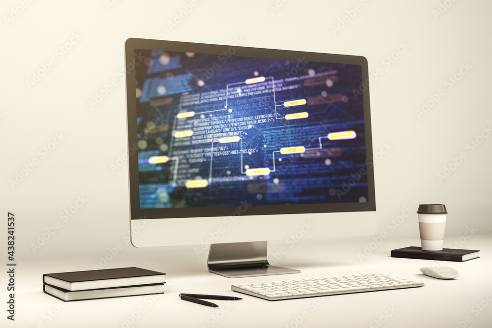 Poster modern computer screen with abstract graphic coding sketch, big data and networking concept. 3d rend