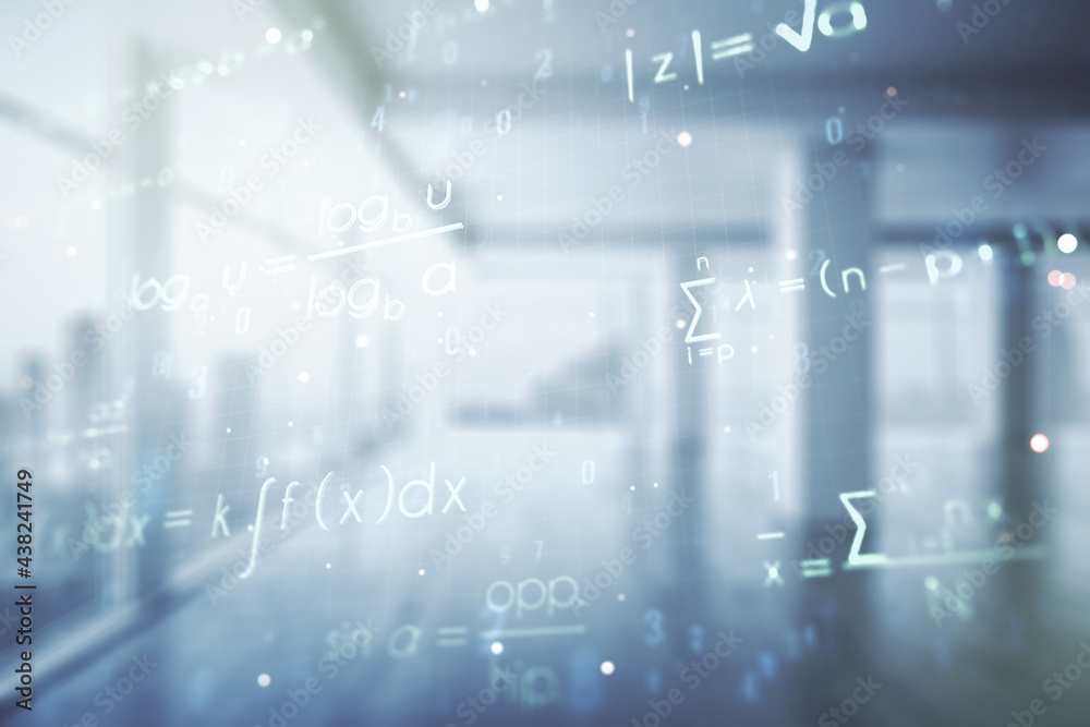 Poster abstract scientific formula hologram on empty classroom background. multiexposure