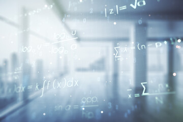 Abstract scientific formula hologram on empty classroom background. Multiexposure