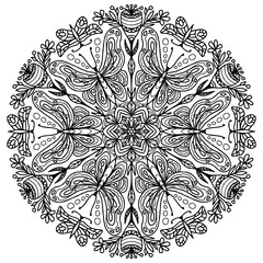 butterflies with ornaments forming a mandala for coloring on a white background, vector