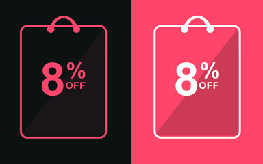8% off.Sale banner with eight percent off in a black and orange bag for store offers.
