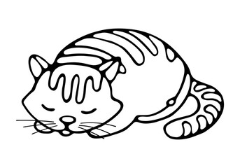 Vector illustration of cute hand drawn sleeping Cat. Outline, Cartoon, Doodle, kawaii anime style. For Coloring book, Postcard with sleeping cat isolated on white background