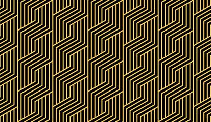 Abstract geometric pattern with stripes, lines. Seamless vector background. Gold and black ornament. Simple lattice graphic design