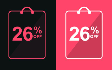 26% off.Sale banner with twenty-six percent off in a black and orange bag for store offers.
